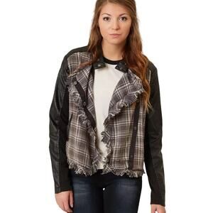NWT Gimmicks Faux leather Asymmetrical Plaid Flannel Jacket Size Medium